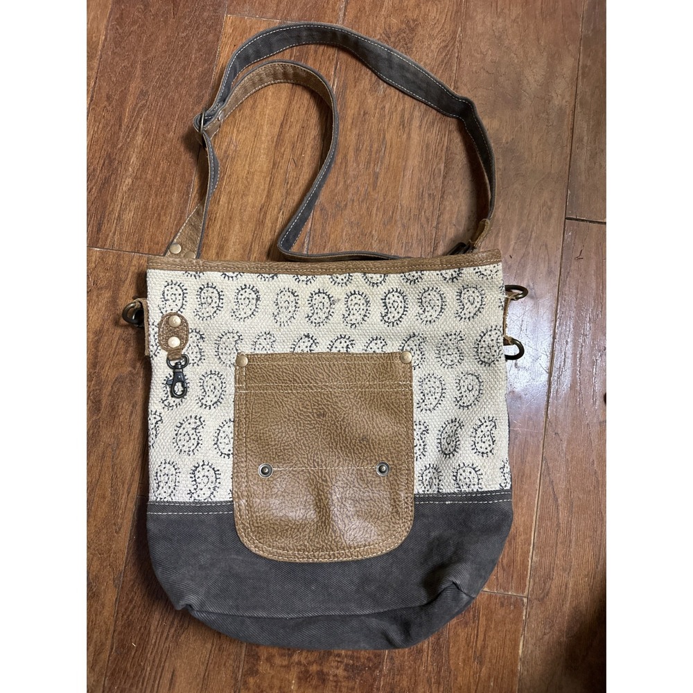 Myra Tango print upcycled canvas Boho Paisley Canvas Leather Crossbody Bag purse